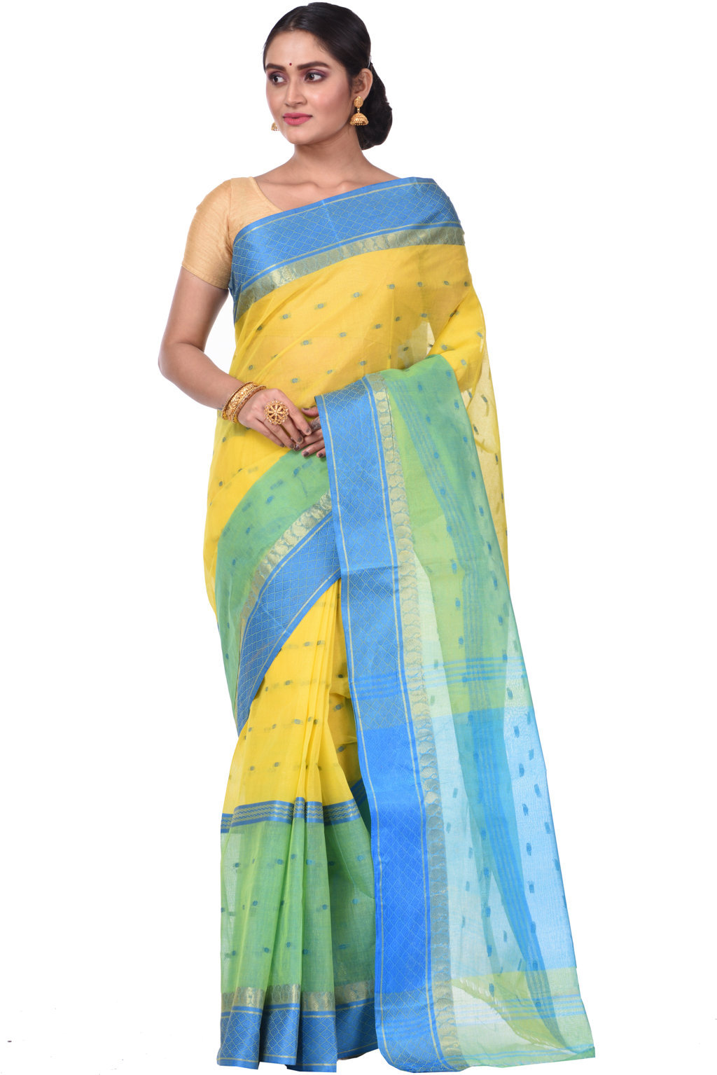 Yellow Pure Cotton Ganga Jamuna_Buti Tant Saree (648)